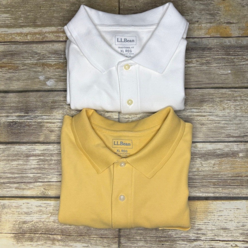 LOT OF 2 L.L. Bean Yellow White Golf Breathable Cotton Polo Shirts Mens Sz XL